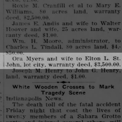 Ora Myers and wife to Elton L. St. John, lot city, warranty deed. $3,500.00