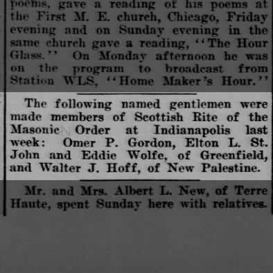 Elton Livingston St. John member of Scottish Rite of the Masonic Order at Indianapolis 9 Dec 1927