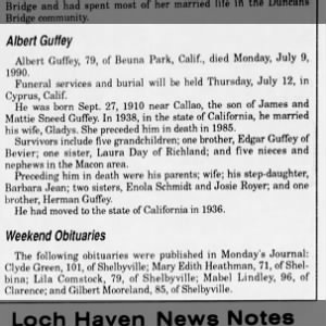 Obituary for Albert Guffey, 1910-1990 (Aged 85)