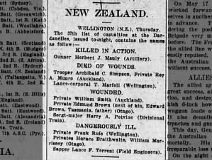 Example of a casualty list of New Zealand soldiers printed during the Gallipoli Campaign