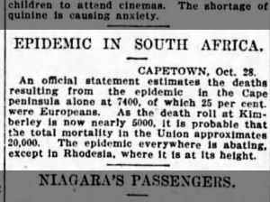 Newspaper article about 1918 Spanish flu epidemic in South Africa; Thousands of victims have died