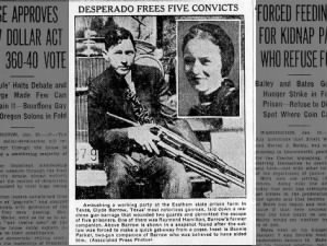 Photo of Clyde with gun. Photo of Bonnie at right.