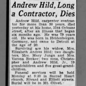 Obituary for Andrew Hild (Aged 79)