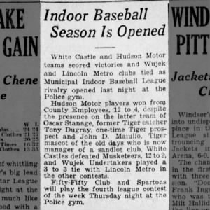Wed 1/6/32: Former Tiger Stanage playing in indoor baseball league