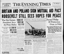 Newspaper front page headlines about Britain and Poland signing a mutual assistance pact