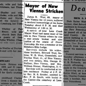 1943 - New Vienna Mayor, James R. West, dies  unexpectedly on Oct 6.