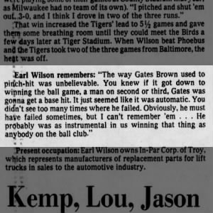 Mon 8/24/78: Earl Wilson quote about Gates Brown